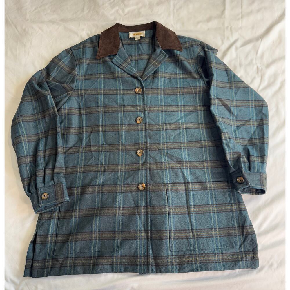 Vintage Talbots Wool Plaid Jacket | Leather Shacket Shirt - Picture 2 of 10